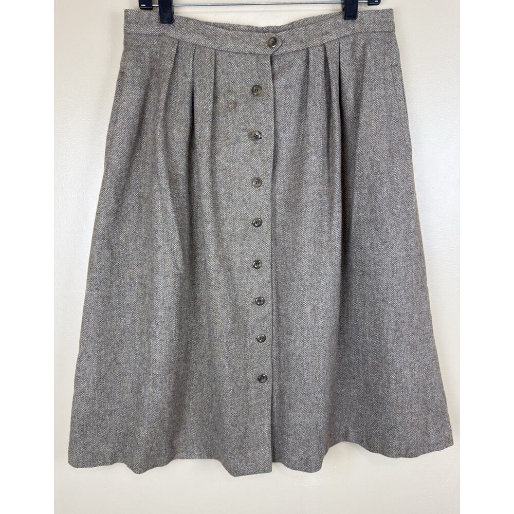 Vintage De Mura Womens 16 Virgin Wool A-Line Midi Skirt Front Buttons Brown